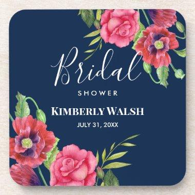 Bridal Shower Modern Red Pink Flowers on Dark Navy Beverage Coaster