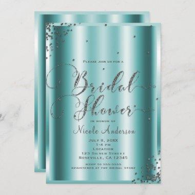 Bridal Shower Modern Silver Aqua Confetti Corners Invitations