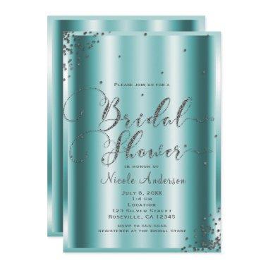 Bridal Shower Modern Silver Aqua Confetti Corners Invitations