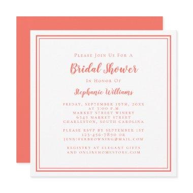 Bridal Shower Modern Square Elegant Coral White Invitations