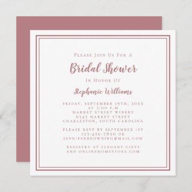 Bridal Shower Modern Square Elegant Dusty Rose Invitations
