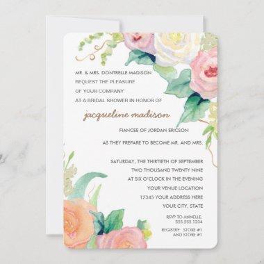 Bridal Shower Modern Watercolor Floral Roses Invitations
