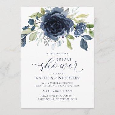 Bridal Shower Navy Blue Floral Watercolor Silver Invitations