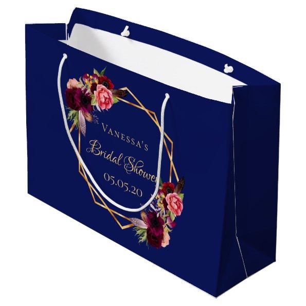 Bridal Shower navy blue florals burgundy Large Gift Bag
