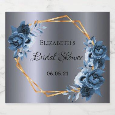 Bridal shower navy blue florals gold silver boho sparkling wine label