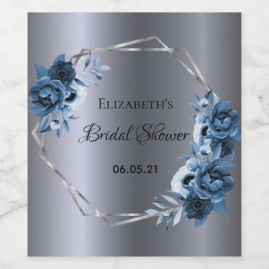Bridal shower navy blue florals silver boho wine label