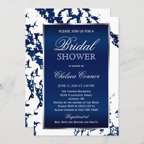Bridal Shower - Navy Blue Marble, White & Silver Invitations