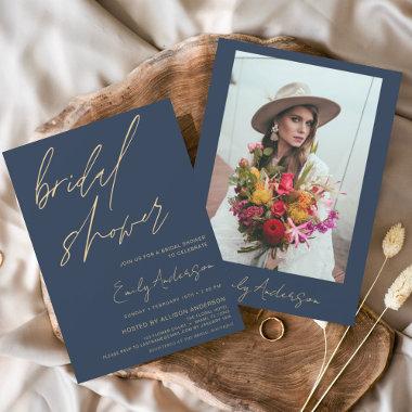 Bridal Shower Navy Blue Script Minimalist Photo Invitations