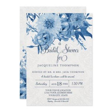 Bridal Shower Navy Blue White Chintz Damask Floral Invitations