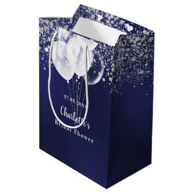 Bridal Shower navy blue white glitter balloons Medium Gift Bag