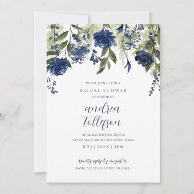 Bridal Shower Navy Blue Wildflower Floral Invitations