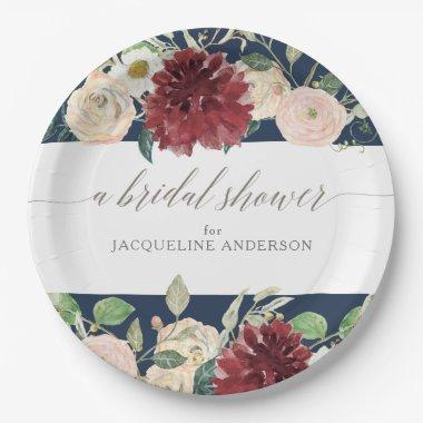 Bridal Shower Navy Blush Burgundy Roses Floral Paper Plates