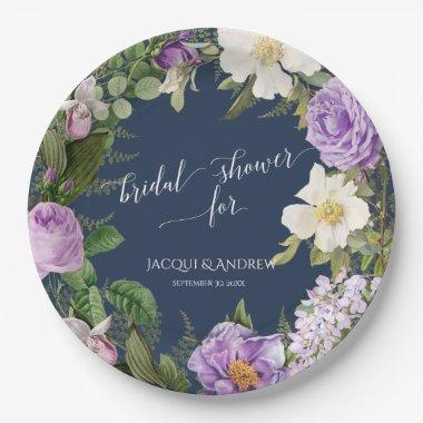 Bridal Shower Navy Lavender Ivory Peony Wreath Paper Plates