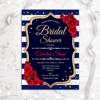 Bridal Shower - Navy White Stripes and Pink Roses Invitations