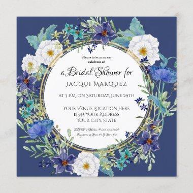 Bridal Shower Navy White Watercolor Poppy Floral Invitations