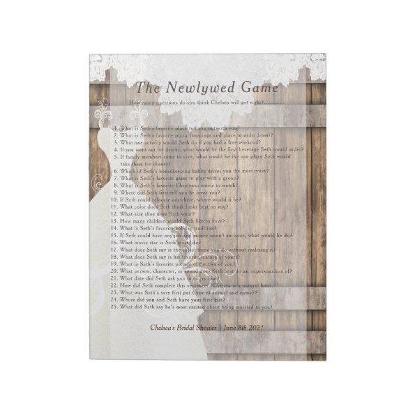 Bridal Shower Newlywed Game - Rustic Wood and Lace Notepad