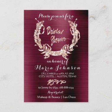 Bridal Shower Olive Wreath Rose Gold Burgundy Red Invitations