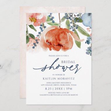 Bridal Shower Orange Blue Peonies Botanical Floral Invitations