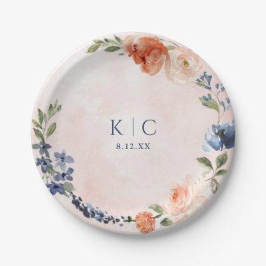 Orange Dusty Blue Peony Dessert Paper Plates