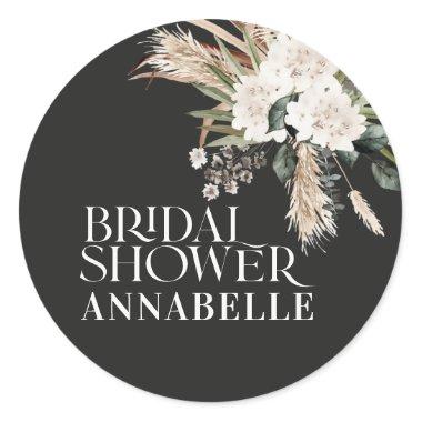 Bridal shower pampas black modern party favor classic round sticker