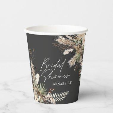 Bridal shower pampas eucalyptus modern black paper cups