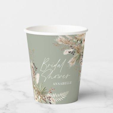 Bridal shower pampas eucalyptus modern sage green paper cups