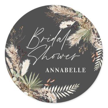 Bridal shower pampas grass modern black elegant classic round sticker
