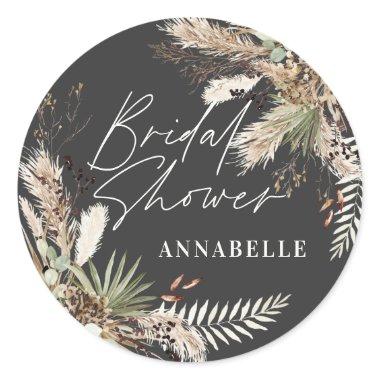 Bridal shower pampas grass modern black elegant classic round sticker