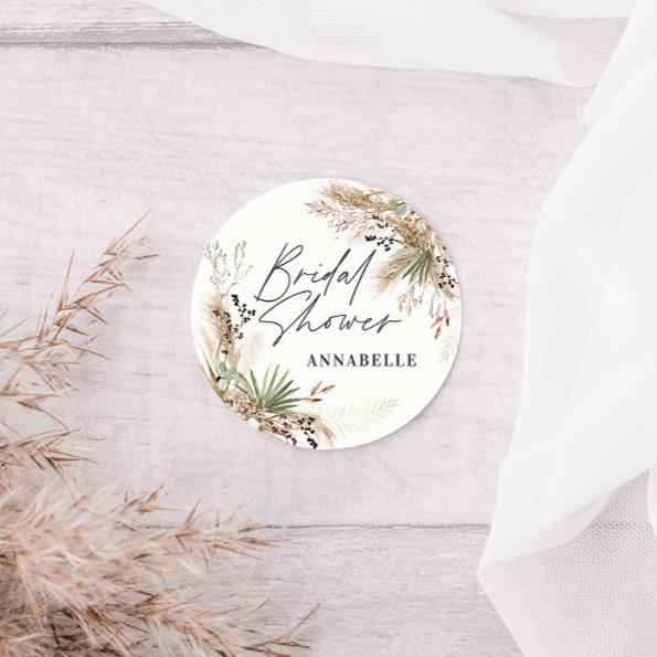 Bridal shower pampas grass modern black elegant sq classic round sticker