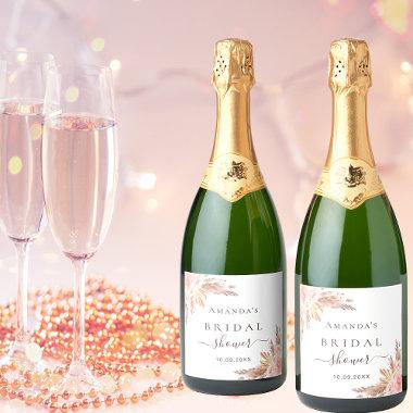 Bridal Shower pampas grass rose gold blush Sparkling Wine Label