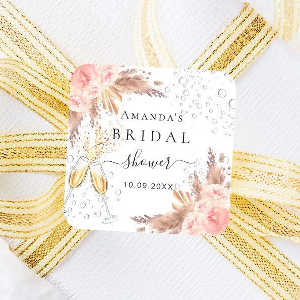Bridal Shower pampas grass rose gold bubbly Square Sticker