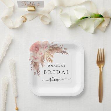 Bridal Shower pampas grass rose gold floral Paper Plates