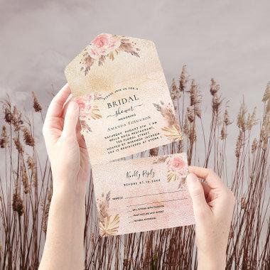 Bridal Shower pampas grass rose gold floral RSVP All In One Invitations