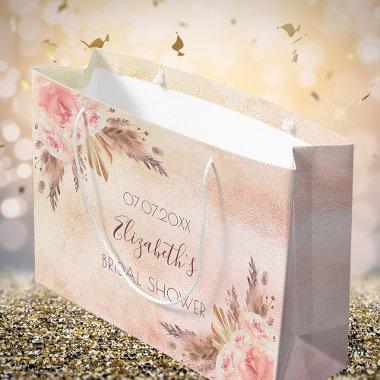 Bridal Shower pampas grass rose gold pink floral Large Gift Bag