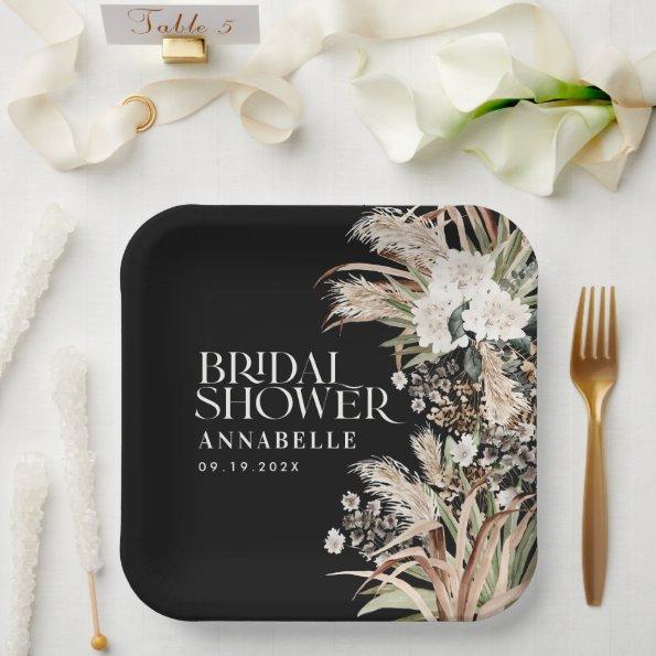 Bridal shower pampas modern elegant black paper plates