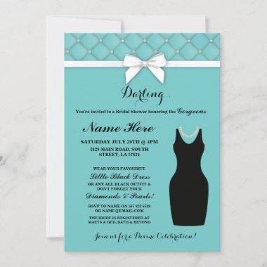 Bridal Shower Party Blue Black Dress Pearls Invite