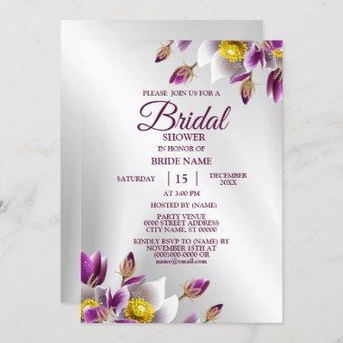 Bridal Shower Party Floral Pink Purple Silver Invitations