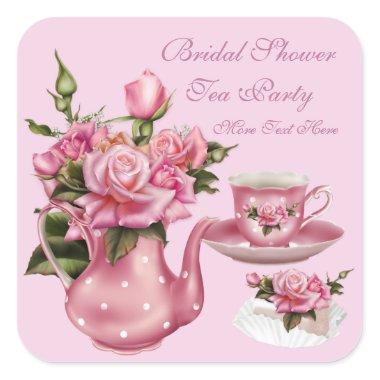 Bridal Shower Party Pink Rose Floral Teapot 5 Square Sticker