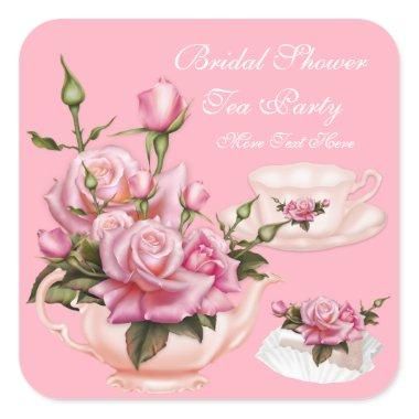 Bridal Shower Party Pink Rose Floral Teapot Square Sticker