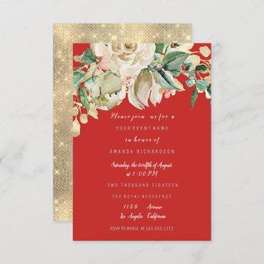 Bridal Shower Party Rose Painted Floral Red Invitations