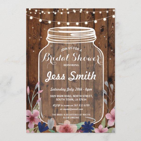 Bridal Shower Party Rustic Jar Wood Floral Invite
