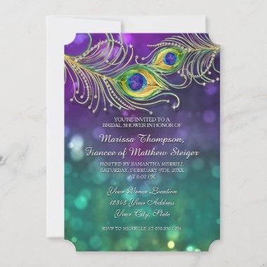 Bridal Shower Peacock Feather Jeweled Feathers Invitations