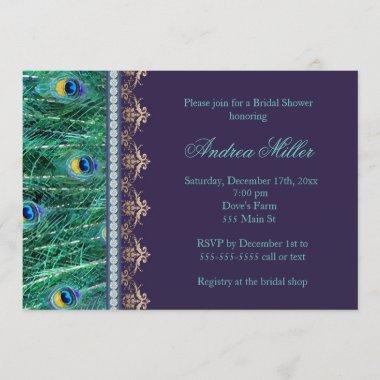 Bridal shower peacock purple gold diamonds Invitations