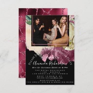 Bridal Shower Photo Floral Birthday Marsala Glitte Invitations
