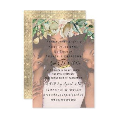 Bridal Shower Photo Flowers Gold Spark Wreath Invitations