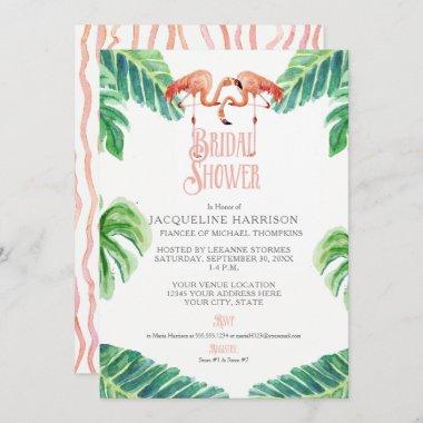 Bridal Shower Pink Flamingo Leaf Stripe Watercolor Invitations