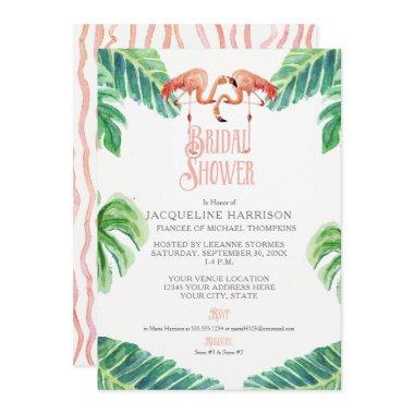 Bridal Shower Pink Flamingo Leaf Stripe Watercolor Invitations