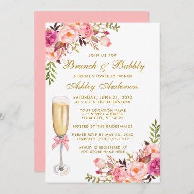 Bridal Shower Pink Floral Brunch Bubbly Gold Invitations