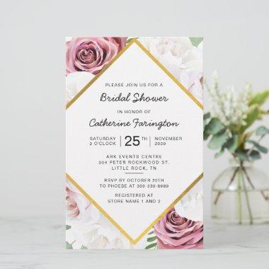Bridal Shower Pink Floral Gold Frame Invitations Stationery