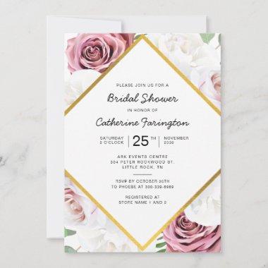 Bridal Shower Pink Floral Gold Geometric Frame Invitations